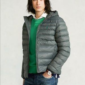 Polo Ralph Lauren Packable Lightweight Quilted Hooded Jacket Grey Green Pony
